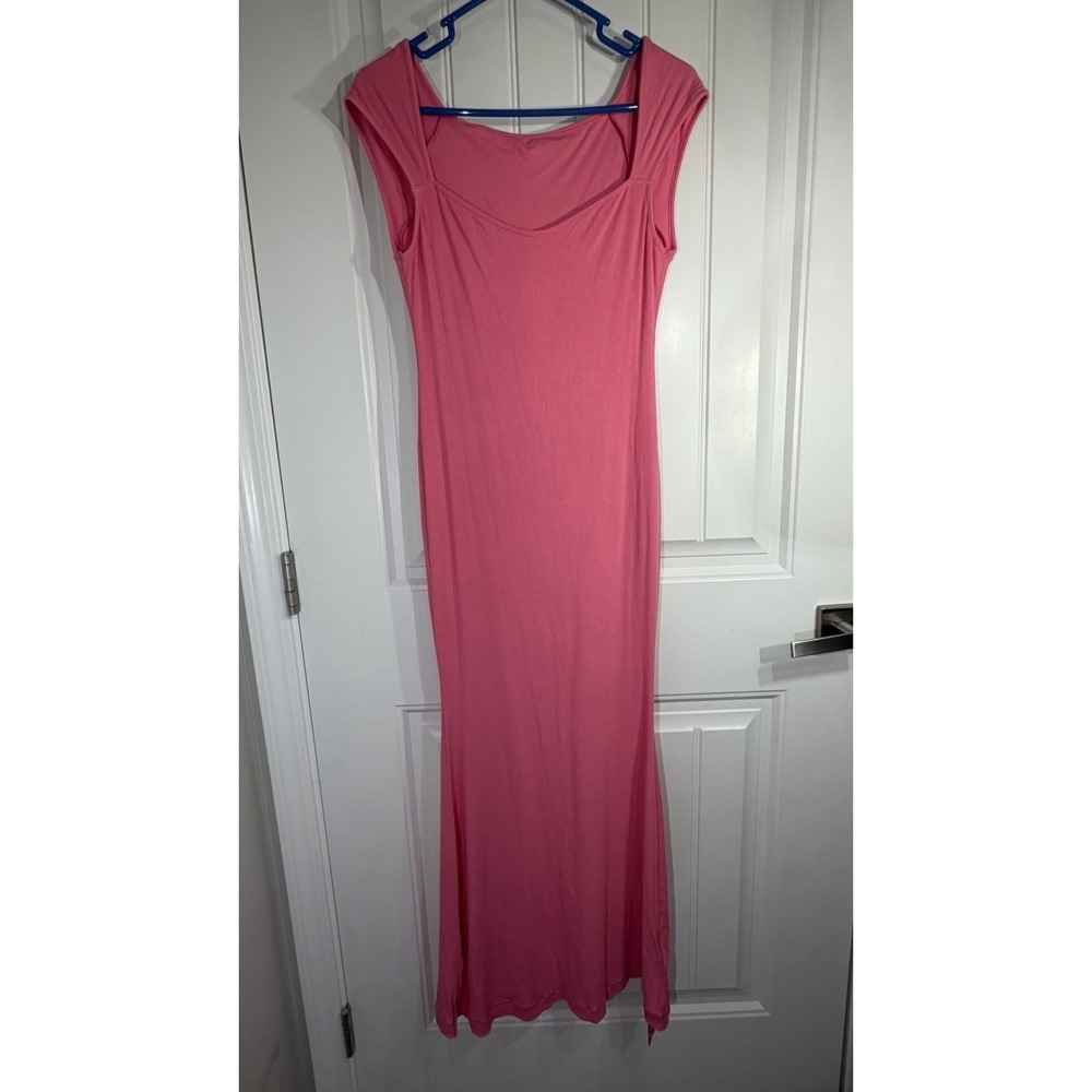 Pumiey Pink Ribbed Maxi Dress Women's L Bodycon Square Neck Sleeveless Stretch